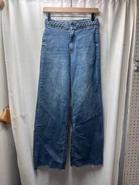 Oat New York Blue Braid High Rise Flare Fringe Raw Hem Jeans- 26